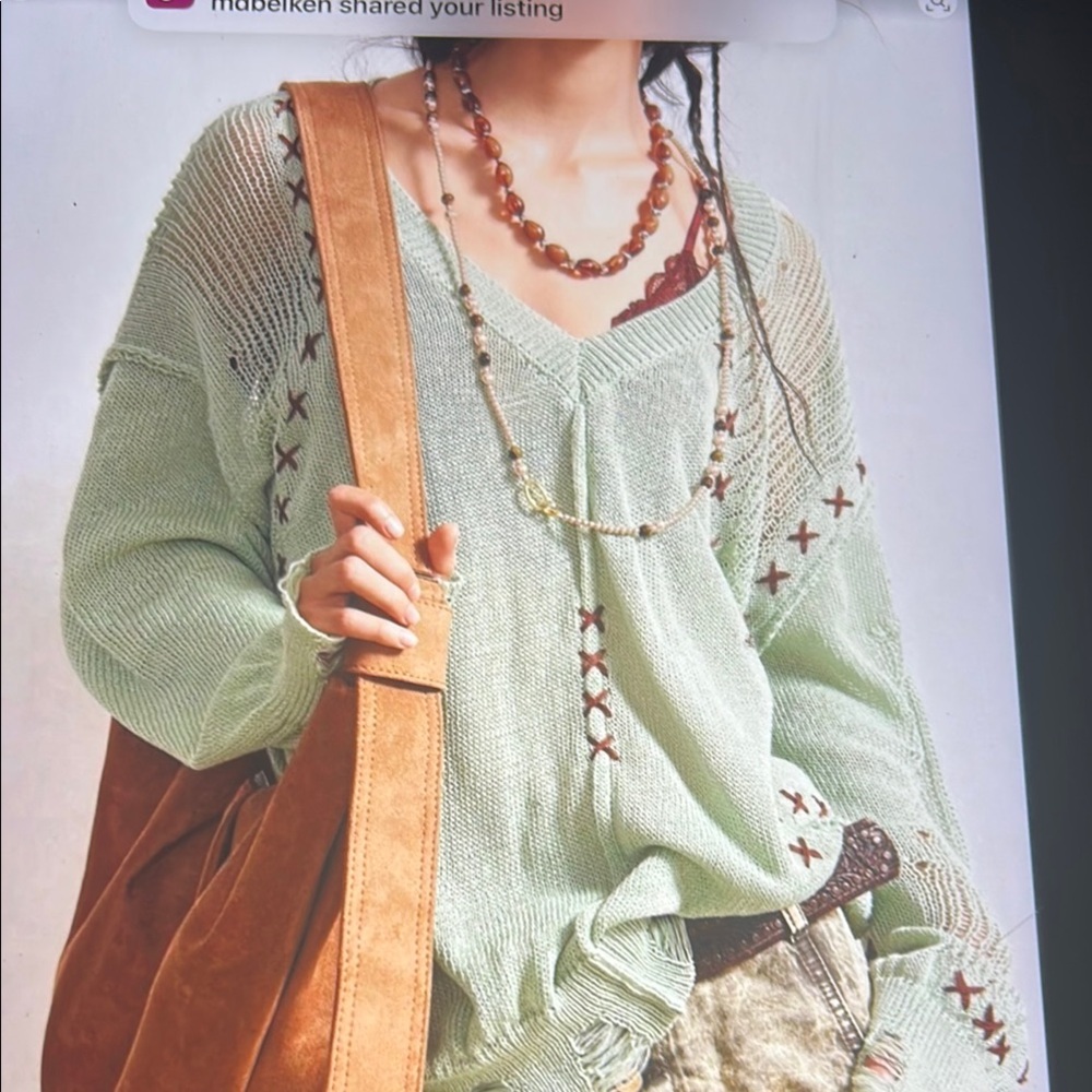 018 Women's Green Sweater with Cross Stitch Detail